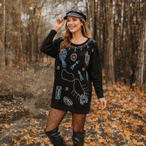 Victoria Jones Vintage 80s Beaded Knit Sweater Dress Shoulder Pad Oversize Tunic